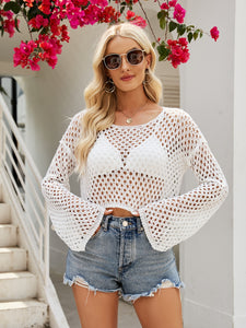 Openwork Round Neck Long Sleeve Cover-Up