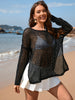 Openwork Slit Boat Neck Long Sleeve Cover-Up