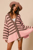 BiBi Slit Striped V-Neck Button Up Cardigan