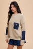 Annie Wear Contrast Round Neck Drop Shoulder Sweater with Patch Pocket