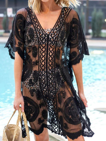 Lace Round Neck Half Sleeve Cover-Up