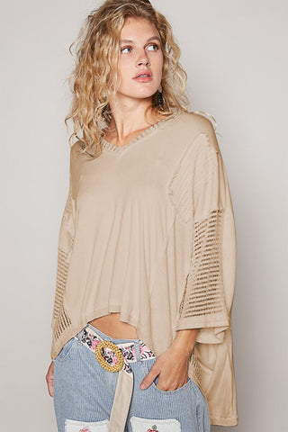 POL Peace Embroidered Exposed Seam Back Ruffle V-Neck Top