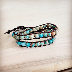 Genuine Jasper Beaded Leather Double Wrap Bracelet 811s