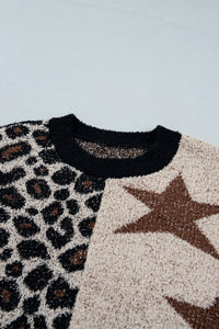 Leopard Star Patchwork Round Neck Fuzzy Sweater