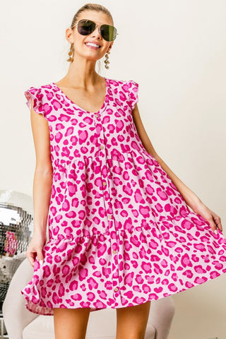 BiBi Leopard Short Sleeve Tiered Dress