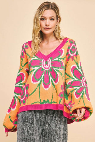 POL V-Neck Long Sleeve Flower Fringe Sweater