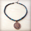 Natural American Turquoise Beaded Collar Necklace w/ Indian Head Pendant 262h