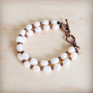 Freshwater Pearl & Copper Boho Beaded Double Strand Bracelet 811y