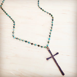 Genuine African Turquoise Long Beaded Necklace with Antique Copper Cross 262y