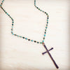 Genuine African Turquoise Long Beaded Necklace with Antique Copper Cross 262y