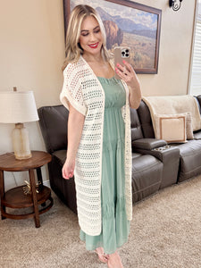 Open Knit Long Cardigan In Cream