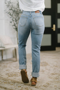 Aiden High Rise Patch Pocket Distressed Boyfriend Jeans