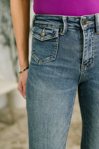 Jackie Mid Rise Flare Jean with Front Flap Pockets