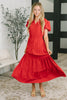 Keep You Coming Balloon Sleeve Tiered Dress in Red