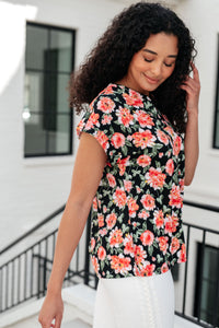 Lizzy Cap Sleeve Top in Black and Coral Floral