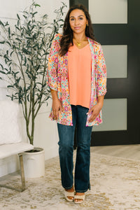 Lizzy Cardigan in Pink and Orange Floral Abstract