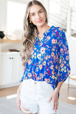Pleat Detail Button Up Blouse in Royal Blue