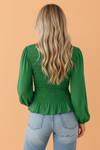 Solid Smocked Ruffle Hem Long Sleeve Blouse