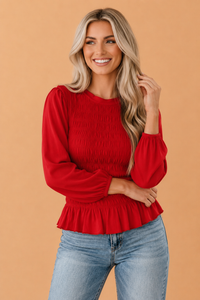 Solid Smocked Ruffle Hem Long Sleeve Blouse