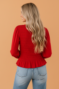 Solid Smocked Ruffle Hem Long Sleeve Blouse
