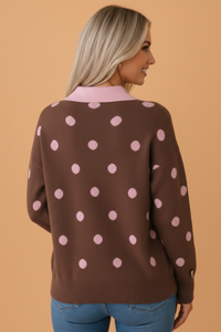 Polka Dot Colorblock Collared V-Neck Sweater