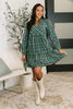 Plaid Perspective Split Neck Long Sleeve Dress