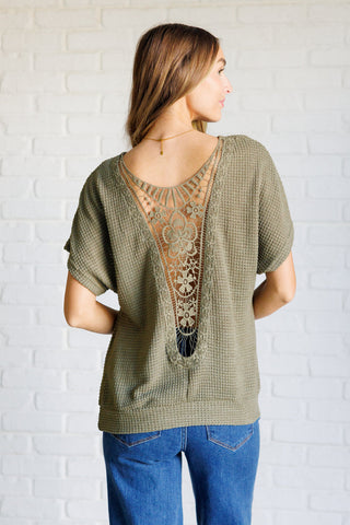 POL Oversize V-Neck Crochet Lace Contrast Studded Top