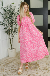 Softly Spoken Textured V-Neck Dress in Hot Pink