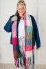 Wanderlust Wrap Oversized Plaid Fringe Scarf in Magenta and Teal