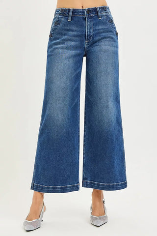 RISEN Tummy Control High Rise Palazzo Leg Frayed Hem Jeans