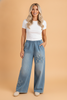 PRE ORDER - Floral Frayed Denim Raw Hem Wide Leg Jeans