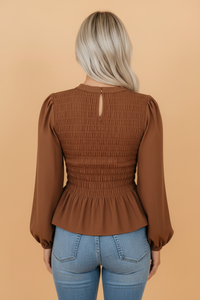 Solid Smocked Ruffle Hem Long Sleeve Blouse