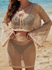 Full Size Openwork Flare Sleeve Top and Skirt Cover Up Set