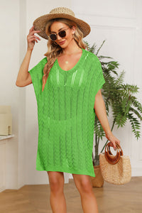 Double Take Openwork Short Sleeve Slit Knit Cover Up