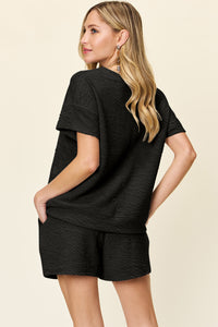 Double Take Full Size Texture Short Sleeve T-Shirt and Drawstring Shorts Set