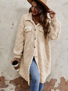 Fuzzy Button Up Dropped Shoulder Long Sleeve Coat