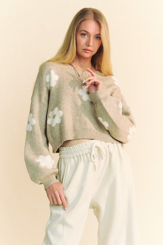 POL V-Neck Long Sleeve Flower Fringe Sweater