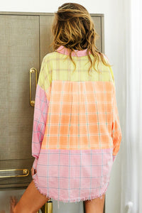 BiBi Plaid Color Block Raw Hem Shirt