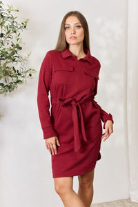 Tie Front Half Zip Long Sleeve Shirt Dress