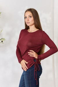 Drawstring Round Neck Long Sleeve Top