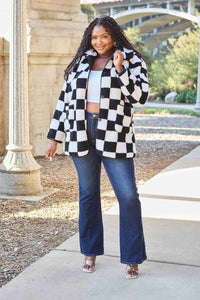 Double Take Full Size Checkered Button Front Jacket with Pockets