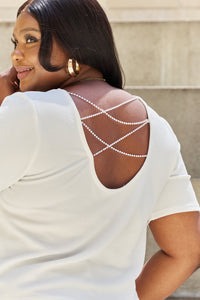 Pearly White Criss Cross Pearl Detail Open Back T-Shirt