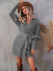 Belted Surplice Lantern Sleeve Wrap Sweater Dress