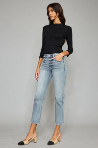 Kancan mid rise Button Fly Raw Hem Cropped Straight Jeans