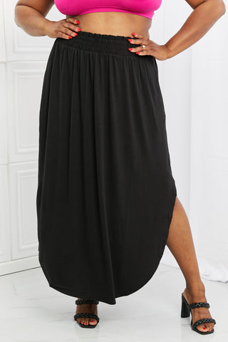 Up and Up Ruched Slit Maxi Skirt in Black
