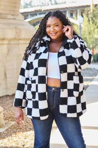 Double Take Full Size Checkered Button Front Jacket with Pockets