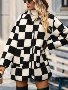 Double Take Full Size Checkered Button Front Jacket with Pockets