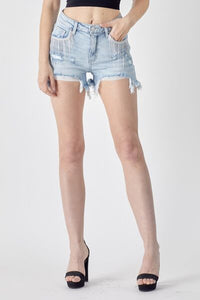RISEN Frayed Hem Denim Shorts with Rhinestone Fringe Detail Pockets