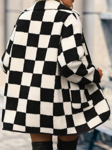 Double Take Full Size Checkered Button Front Jacket with Pockets