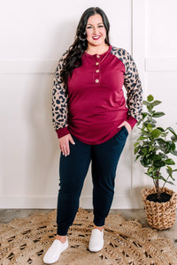 1.08 Long Sleeve Button Front Henley In Burgundy & Leopard